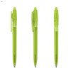 Three transparent green plastic pens displayed from different angles, each with a clip and grip for easy handling.