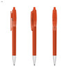 Three orange plastic pens with retractable tips, featuring a clip and a silver nib. The pens have a simple design.
