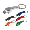 A drink bottle opener keyring in silver, black, blue, red, green, and orange colours with a keyring attachment.