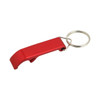 A red bottle opener key ring with a keychain loop, featuring a sleek design and a small branding logo.