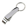 A drink bottle opener key ring in shiny silver metal with a smooth finish and a circular keyring attachment.