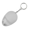 A drink bottle opener keyring in white, shaped like a mouse with a transparent section revealing dice inside.