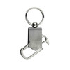 A drink bottle opener key ring in silver, featuring a sleek design and a rounded key ring attachment.