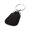 A black leather key ring with a circular metal attachment and a simple design. It has a branding logo.
