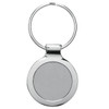 A silver circular key ring with a polished finish and a simple design, featuring a blank surface.