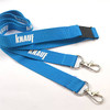 Blue polyester lanyard, 15mm wide, featuring a logo and two clips for attachment.