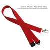 A red polyester lanyard with a safety break, thumb trigger, and a metal clip. Features a logo.