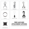 A collection of lanyard attachment options including clips, loops, and rings, shown in various styles.