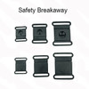 A collection of black safety breakaway connectors in various sizes arranged in a flat layout, featuring a central button design.