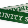 A green woven lanyard with white text, featuring a logo or branding on its surface.