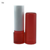 A red lip balm stick with a white applicator, featuring a clear red casing and a logo on the body.