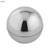 A silver spherical lip balm container with a smooth, reflective surface and a central seam. It features a logo.