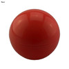 A round, red lip balm container with a glossy finish and a logo on the surface.