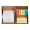 A memo holder with sticky notes in pastel colours, featuring a compartment for colourful flags and a branded logo.