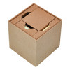 A brown cube-shaped desk organiser holding sticky notes and memo sheets, featuring a simple, textured design.