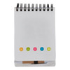 A spiral-bound sticky note pad in white with colourful dots at the top: pink, yellow, and green.
