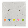 A square sticky note pad with a speckled white cover and colourful tabs in pink, yellow, blue, orange, and green.