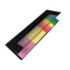 A sticky note pad featuring a ruler design with vibrant pink, yellow, green, and blue tabs, presented in a black holder.