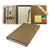 A brown stationery set featuring a notepad, pen, ruler, highlighters, sticky notes, eraser, and paper clips.