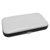 A white and black manicure set case featuring a smooth exterior and a silver clasp.