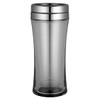 A travel mug in grey with a sleek, tapered design and a metallic lid, featuring a logo on the body.