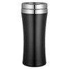A travel mug in sleek black with a shiny silver lid and a smooth, curved design. It features a branding logo.