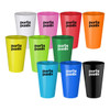 A collection of ten plastic party mugs in white, pink, red, orange, yellow, green, blue, and black, featuring a logo.