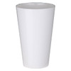 A white plastic drink mug with a tapered design and a glossy finish, featuring a logo.