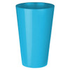 A blue plastic cup with a smooth finish and a simple design, featuring a logo.