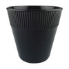 A black plastic cup with ribbed design, featuring a tapered shape. It has a logo on its surface.