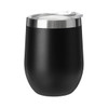 A drink bottle in matte black with a stainless steel lid, featuring a smooth, rounded design and a logo.