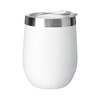 A drink bottle in sleek white with a stainless steel lid, designed for hot or cold beverages. Features a logo.