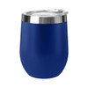 A blue travel mug with a stainless steel lid, featuring a sleek design and a smooth finish.