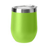 A green travel mug with a stainless steel lid, suitable for wine or coffee, featuring a sleek design.