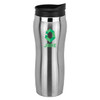 A stainless steel travel mug with a black lid and a green logo. Ideal for carrying beverages.