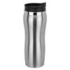 A stainless steel travel mug with a black lid, featuring a sleek, curved design.