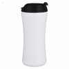 A travel mug with a sleek black lid and a smooth white body, featuring a logo on the surface.