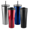 A travel mug collection featuring silver, red, blue, and black designs, each with a straw and a lid.