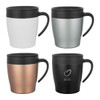 A set of four coffee mugs in white, mint green, copper, and black, each with a black lid and handle.