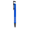 A blue metal stylus pen with a black clip, featuring silver band accents and a black tip.