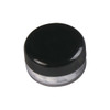 A black screw lid jar with a clear base containing sugar-free lollies. The jar has a simple design and a logo.