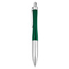 A green metal pen with a shiny silver clip and trim. It features a sleek design and a logo on the barrel.