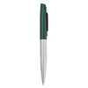 A metal pen with a green and silver design, featuring a clip and a branding logo.