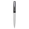 A metal pen in silver and black with a sleek design and a logo on the barrel.