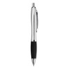 A sleek silver metal pen with a black rubber grip and a logo on the barrel.