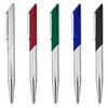 A collection of five metal pens in silver, red, green, blue, and black, featuring shiny accents and a logo.