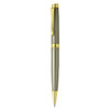 A metal pen in olive green with gold accents, featuring a clip and a smooth finish. It has a logo on the side.