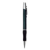 A sleek dark green metal pen with a chrome clip and a textured black grip. It features a branding logo.