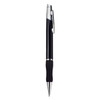 A metal pen in black with chrome accents and a textured grip, featuring a logo on the side.