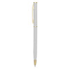 A metal pen in white with gold accents, featuring a clip and a sleek design. Includes branding on the pen.